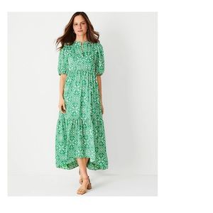 Tile Print Puff Sleeve Midi Dress